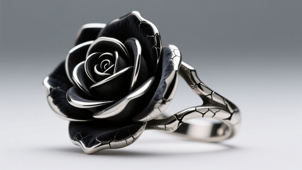 Macro shot of oxidized sterling silver ear cuff with sculpted black rose, highlighting textured dark patina and polished edges