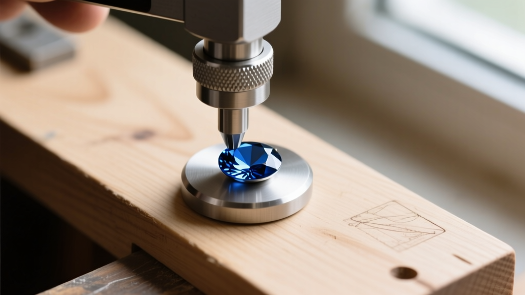 Overhead view of a steel bezel pusher pressing a fine silver lip tightly over a round blue sapphire cabochon on a wooden bench.