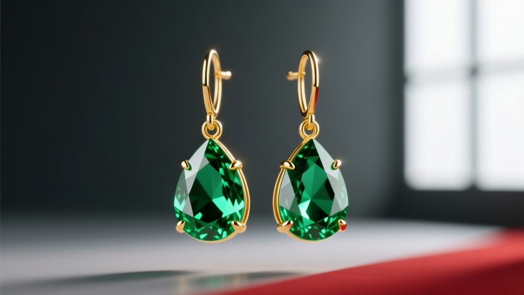 Close-up of pear-cut emerald drop earrings in 18k yellow gold, red carpet style, against a softly blurred dark studio background