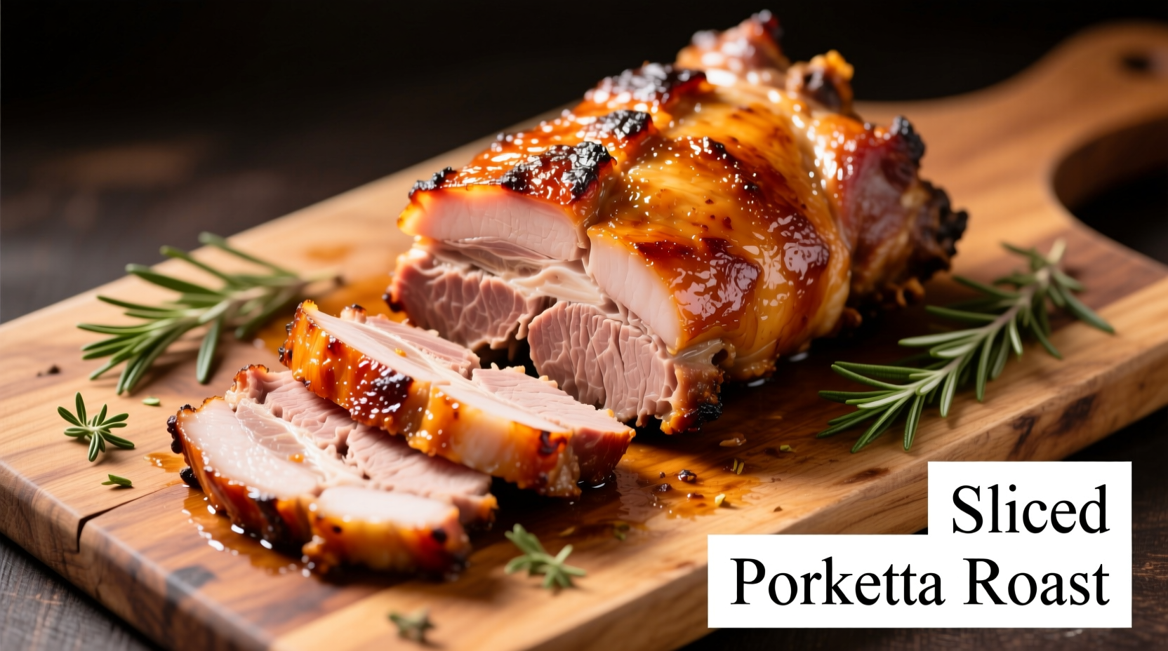 Sliced porketta roast with crispy skin on wooden cutting board
