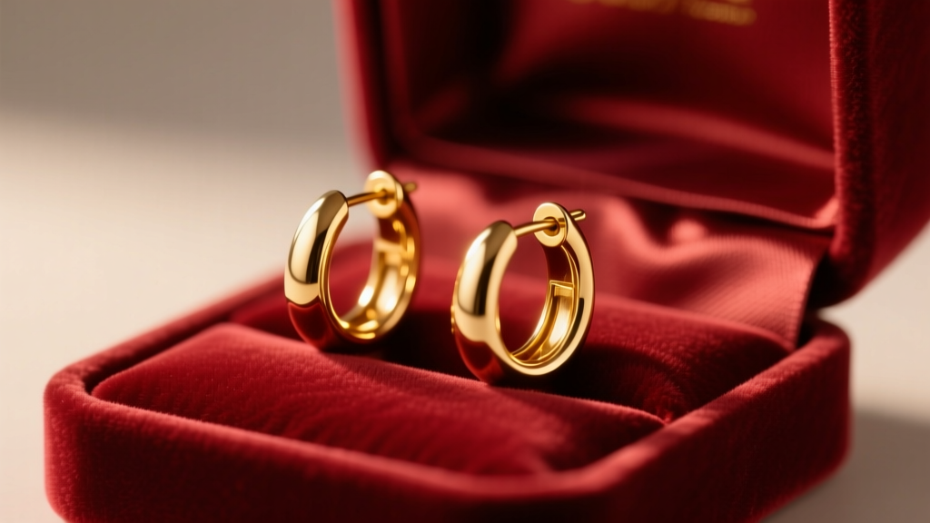 Close-up of 14k gold huggie earrings in an open velvet box on red silk, lit by soft warm romantic lighting