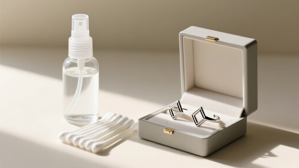 A sterile saline spray bottle and clean cotton swabs resting next to a jewelry box containing hinged cartilage cuff earrings