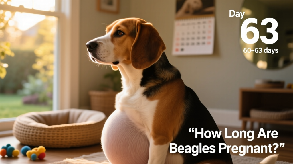 A side profile of a beagle in late pregnancy showing visible abdominal enlargement