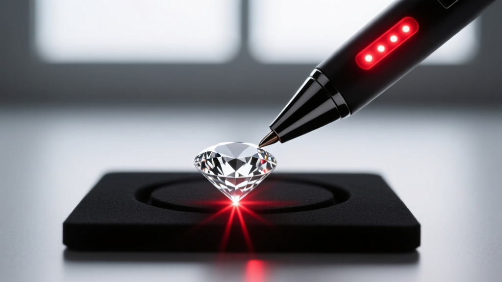 Digital diamond tester pen with glowing red LEDs touching the girdle of a moissanite gemstone resting on a black testing pad.