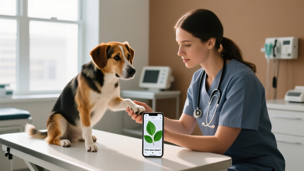 Veterinarian examining a dog in a clinic, with a smartphone showing a photo of leaves nearby