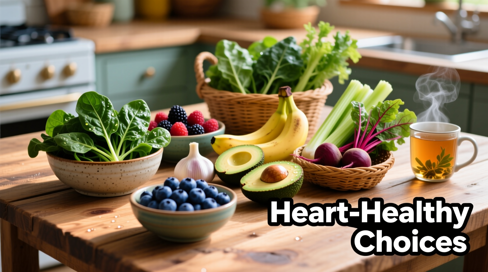 Colorful blood pressure friendly foods on wooden table