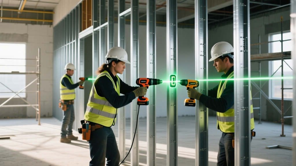 Commercial construction site showing workers installing 25-gauge galvanized steel wall studs with laser levels and cordless screw guns