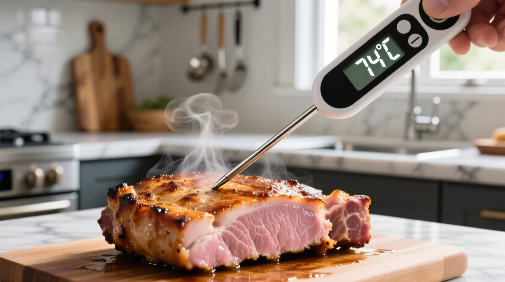 Thermometer measuring pork temperature in kitchen