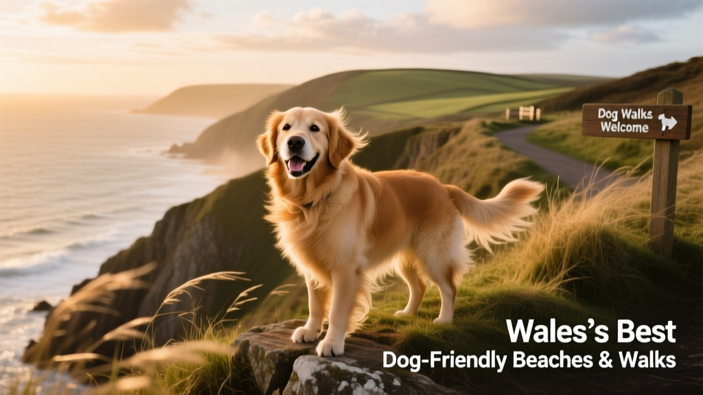 A happy dog standing on a windswept cliff edge overlooking the ocean, with wild grasses blowing in the breeze and distant hills in the background