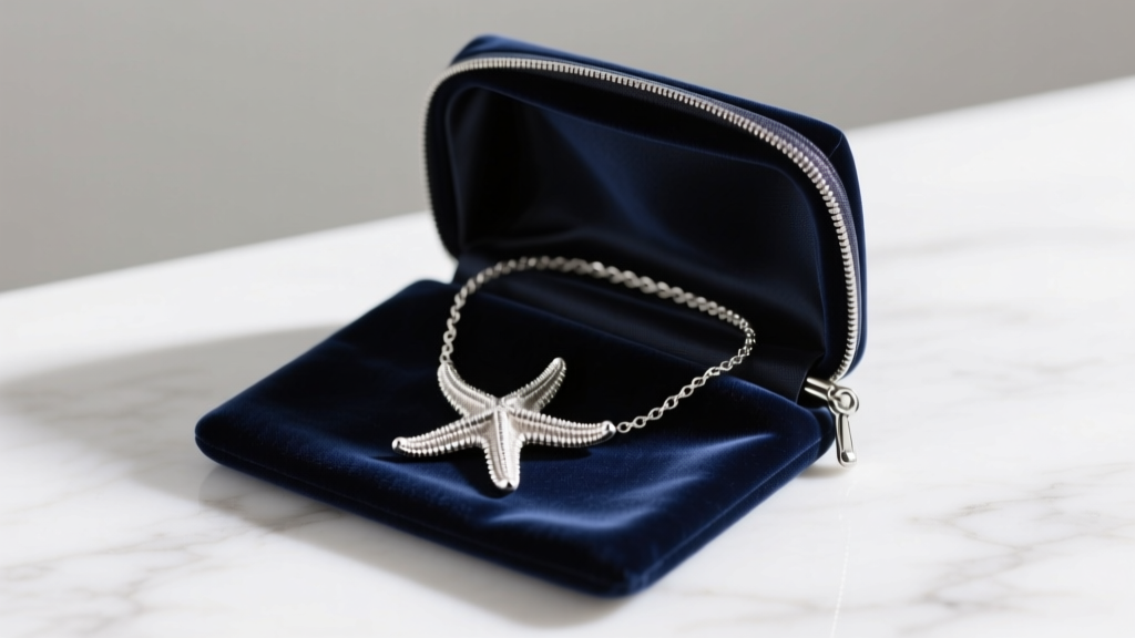 Open anti-tarnish velvet pouch holding a coiled silver starfish necklace, safely stored away from direct sunlight and humidity.