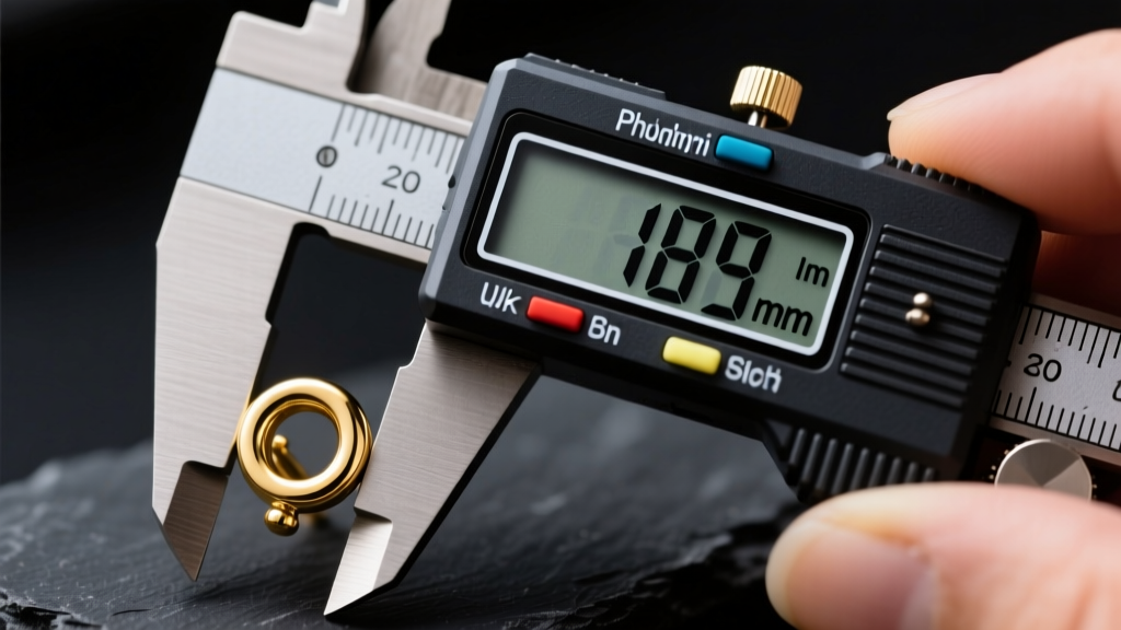 Digital calipers measuring the exact post length of a 14k gold labret earring, showing 8mm on the screen against dark slate.