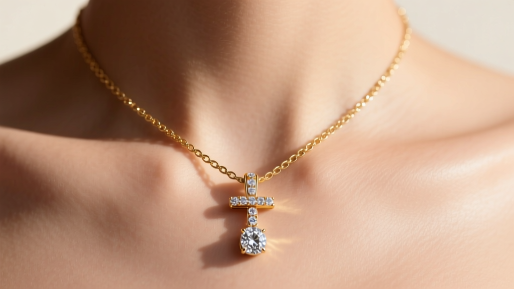 Macro shot of a gold lariat necklace threading through a diamond slide, soft lighting highlighting the Y-drop chain on skin.