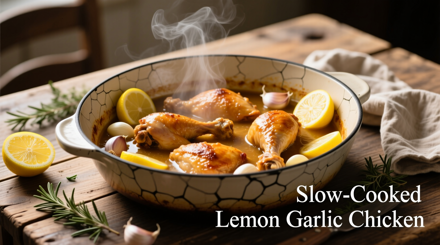 Tender crock pot chicken with lemon slices and garlic cloves
