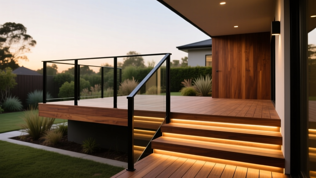 Modern backyard featuring a multi-level composite material deck in warm teak tones with black aluminum railings and LED stair lighting