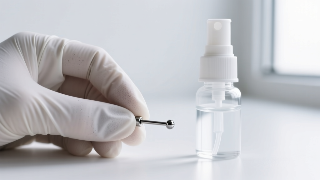 Close-up of gloved hands holding a sterile 18-gauge titanium flat back nose stud next to a saline spray bottle in a bright studio.