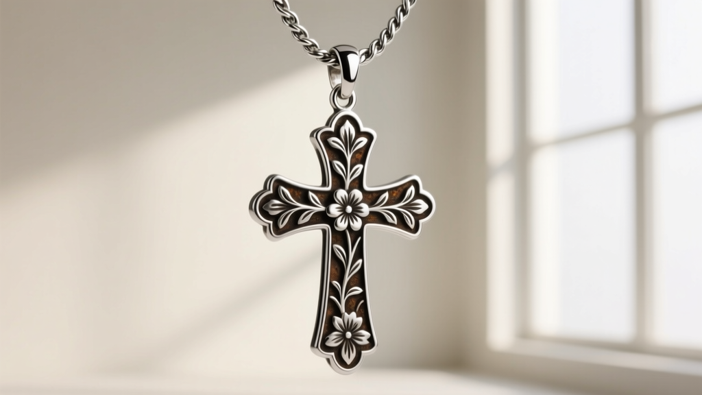 Macro shot of oxidized .925 silver gothic cross showing deep floral engraving and a secure lobster clasp on a silver rope chain.