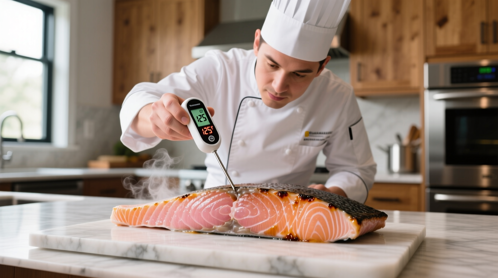 Chef checking salmon temperature with digital thermometer
