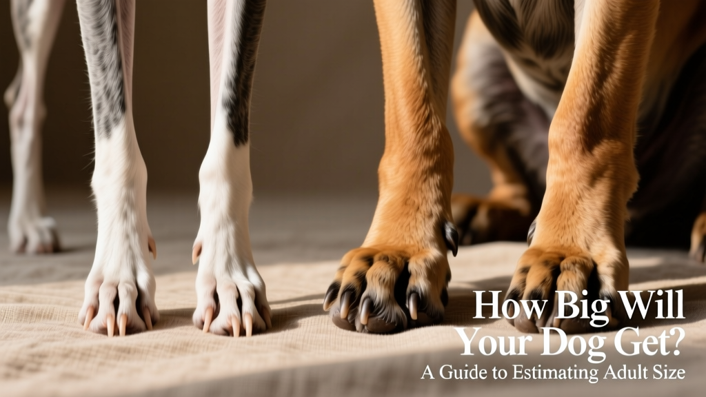 Side-by-side comparison of puppy paws: one slender and narrow (sighthound type), one wide and sturdy (mastiff type)