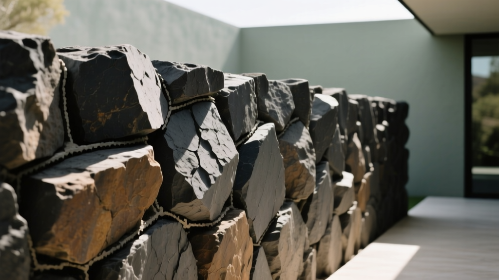 Close-up of rough-hewn Pedregal volcanic basalt stone blocks being laid in a modern courtyard wall with dark mortar joints