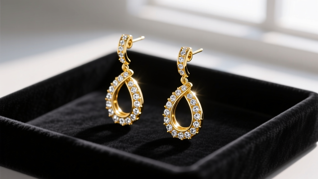 Macro shot of 18k yellow gold ribbon drop earrings with pavé diamond accents resting on a dark velvet display tray
