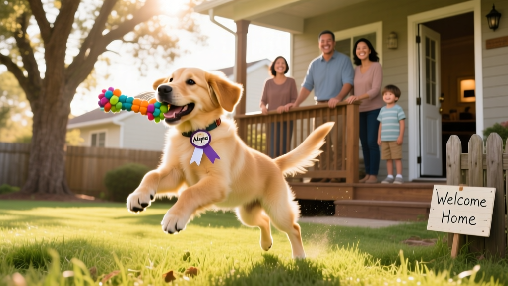 A happy dog playing in a backyard with a new family, symbolizing a successful rehoming