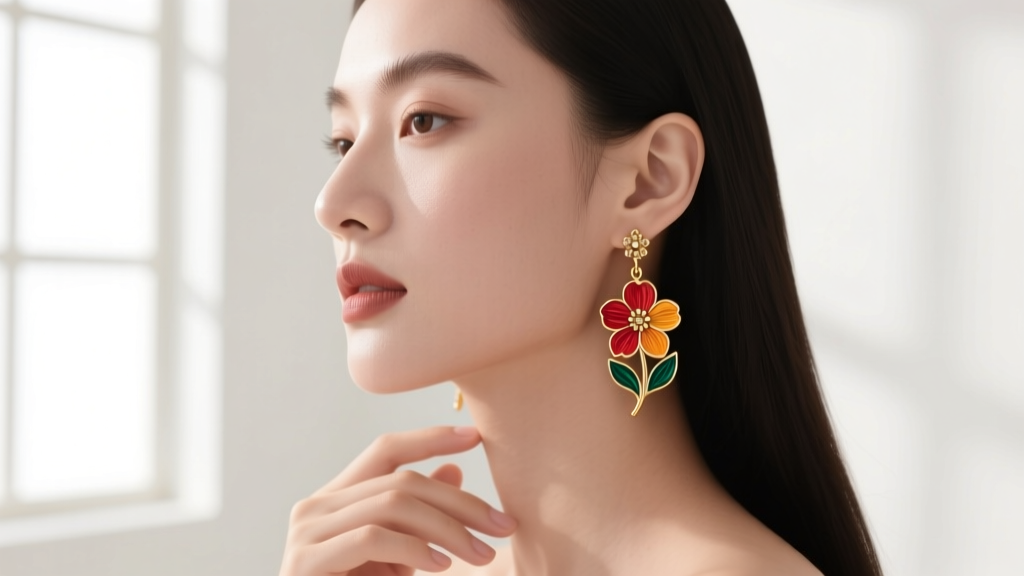 Model wearing gold drop earrings with miniature oil-painted floral motifs, soft studio lighting, fashion editorial.