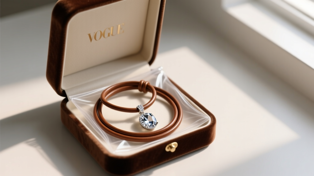 Velvet-lined jewelry box displaying a coiled leather cord necklace with a crystal pendant resting inside an anti-tarnish pouch.