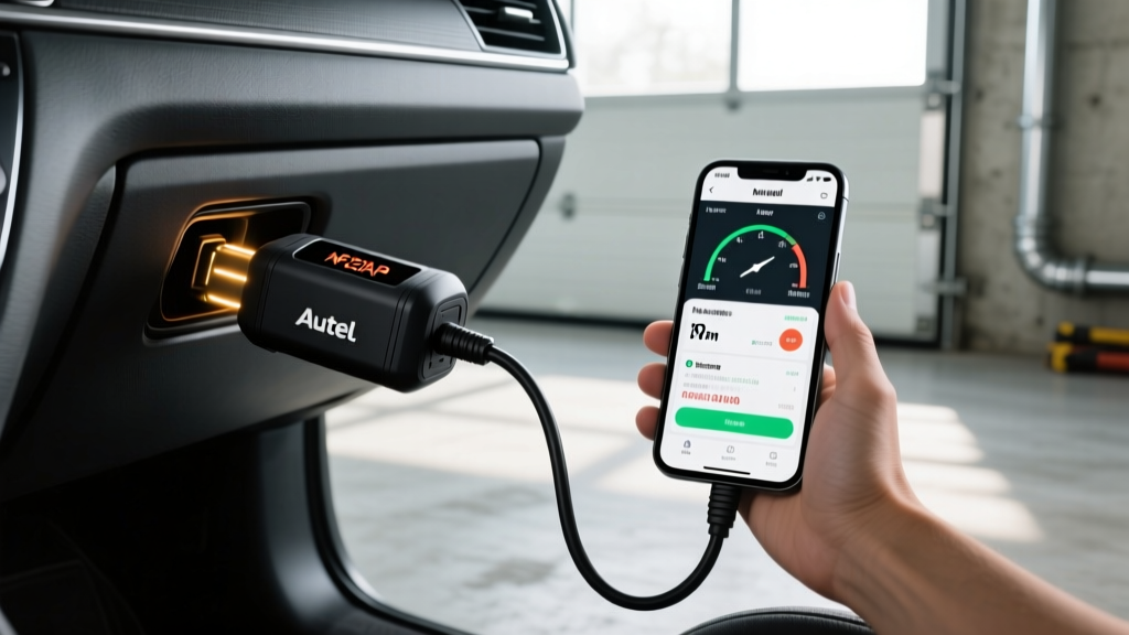 Autel MaxiAP AP200 Bluetooth OBD2 scanner plugged into a vehicle diagnostic port with a smartphone displaying live engine data
