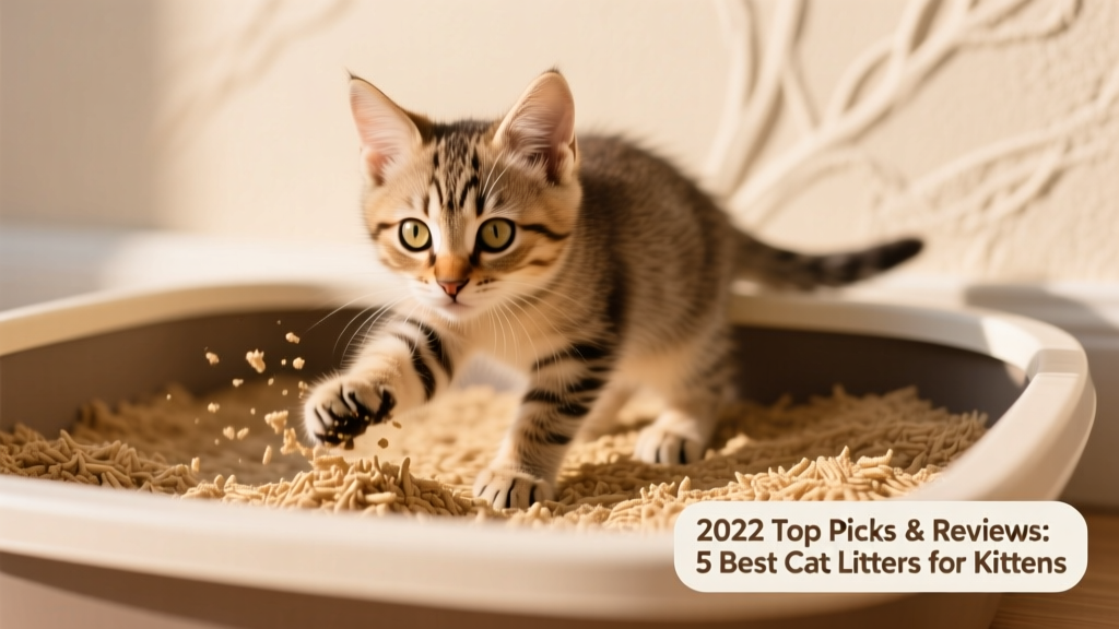 Kitten confidently digging in a litter box filled with light brown, fine-textured wheat-based litter