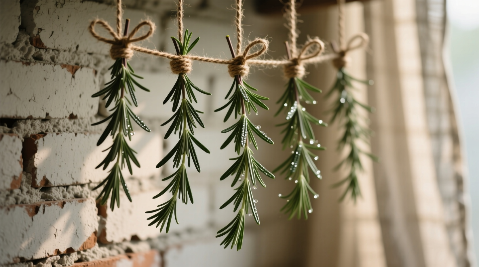 A close-up of six slender rosemary stems tied with natural twine, hanging upside down in soft shadow against a pale brick wall; visible airflow indicated by a subtle fabric curtain moving in background