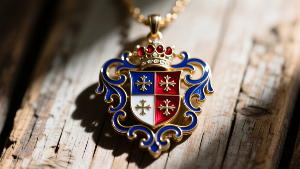 Overhead view of a vintage inspired French crest pendant showing champleve enamel detailing in deep sapphire blue and ruby red.