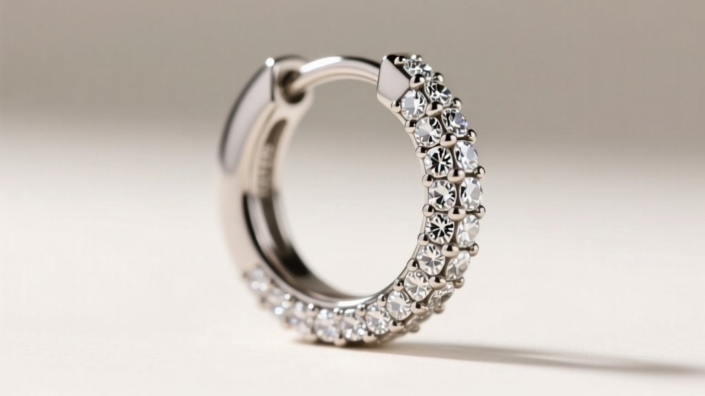 Macro image of a micro-pave setting on a titanium cartilage hoop earring, revealing tiny metal beads securing the cubic zirconia.