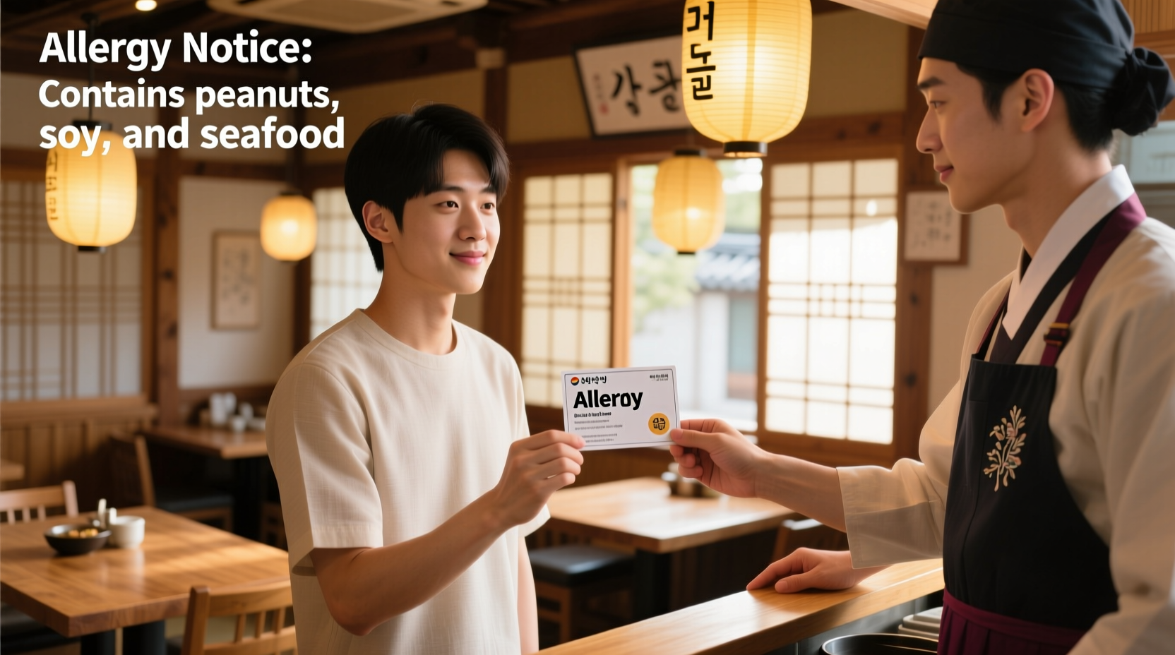 Person showing allergy card to Korean restaurant staff