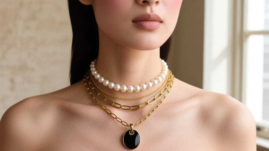 Layered necklace stack with gold paperclip chain, pearl choker, and blackened brass mood pendant resting on a models collarbone.