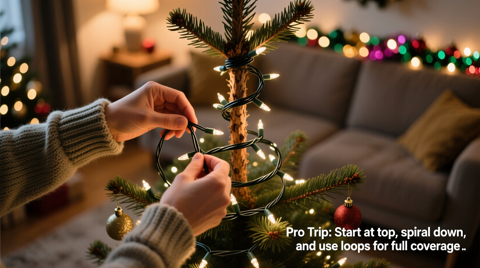 how to wrap a christmas tree in lights without seeing the trunk through gaps