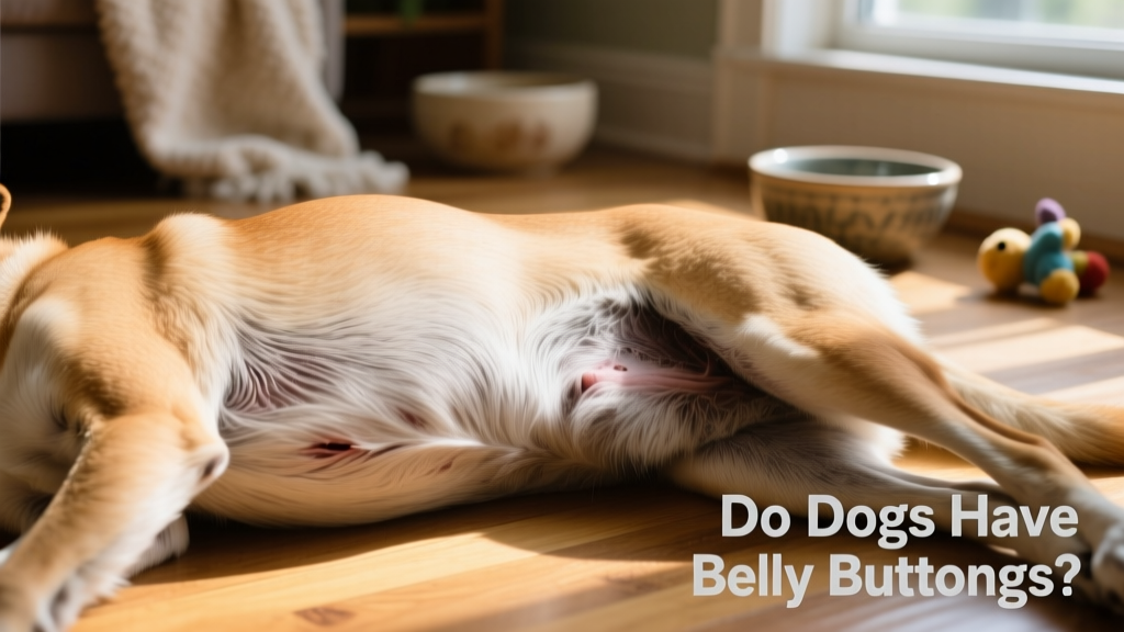 Close-up photo of a dog's abdomen showing subtle skin texture where the belly button may be located