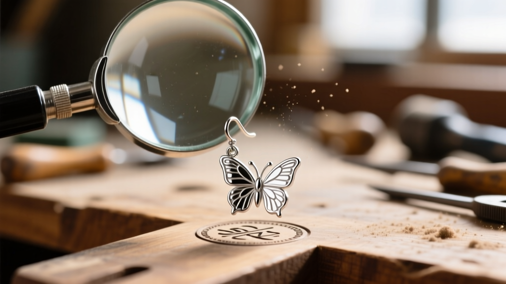 Close-up of a loupe examining the hallmark stamp on an argentium silver butterfly earring post against a blurred workbench.