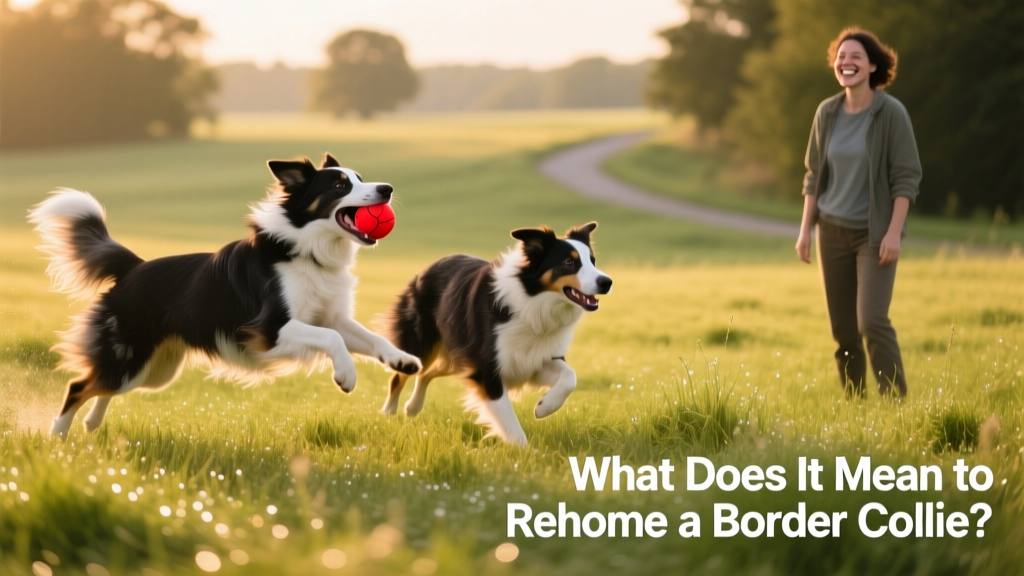 Two Border Collies playing fetch in a grassy field with a person watching happily from the sidelines