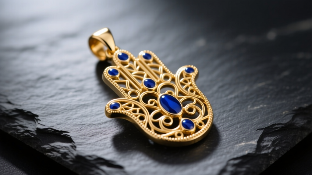 Macro shot of a 14k gold Hamsa five-finger hand pendant on dark slate, showing intricate filigree and blue enamel inlay details