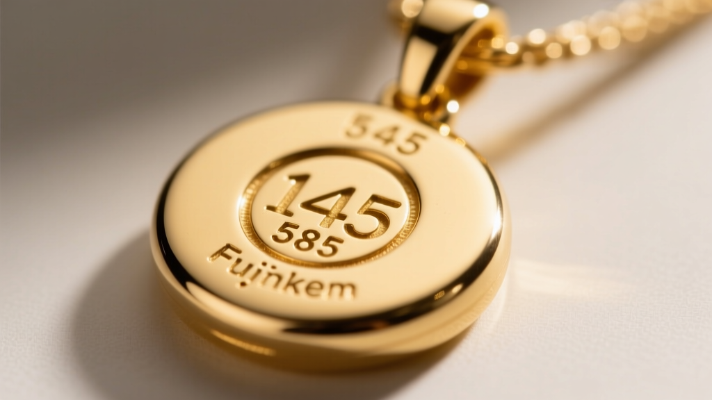 Macro shot of a 14k gold corporate pendant hallmark showing the 585 purity stamp and maker logo under bright jeweler lighting.