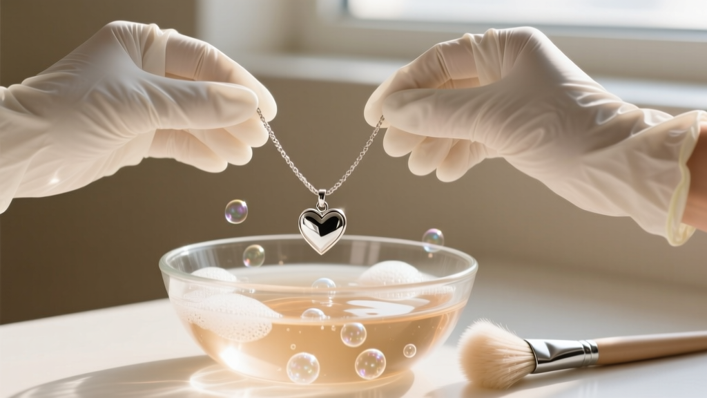 A pair of nitrile gloves holding a silver-plated Y2K heart charm necklace over a glass bowl of warm soapy water and a soft brush.