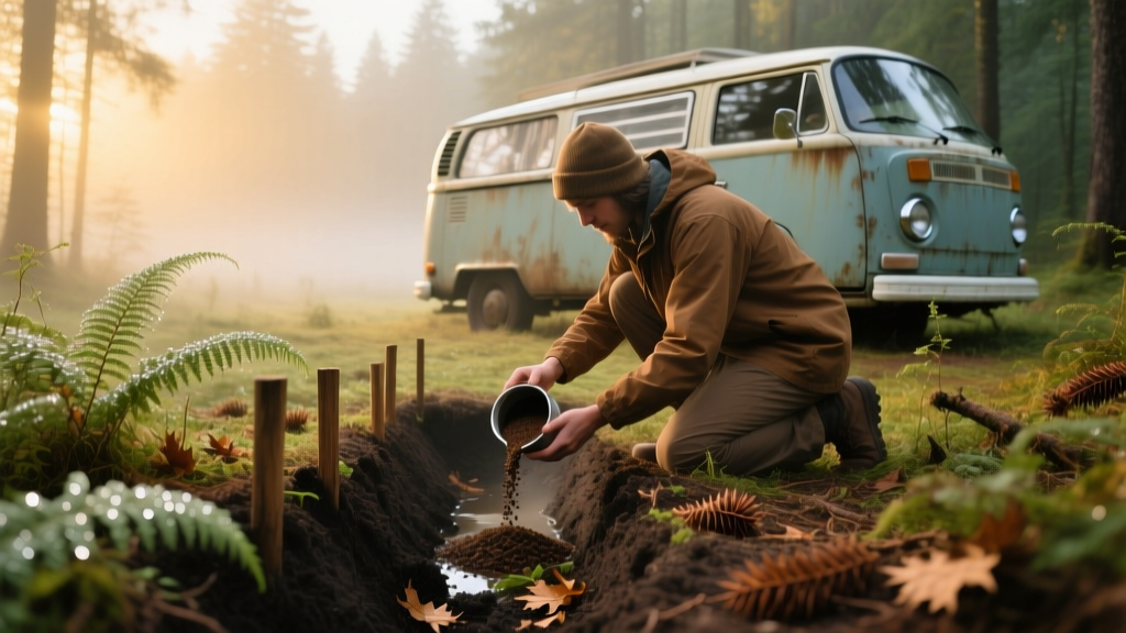 A camper van dweller composting used coffee grounds into a designated forest trench, following Leave No Trace principles at dawn.