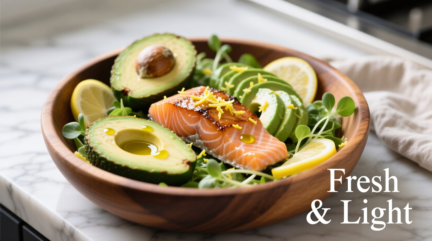 Salmon and avocado salad with lemon