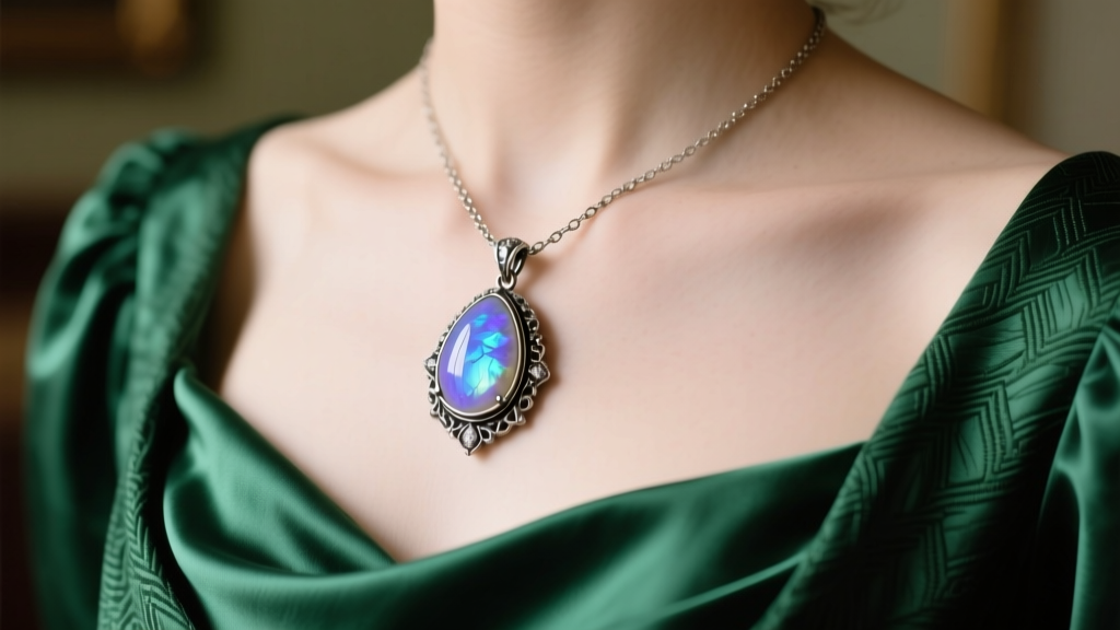 Close-up of an oxidized silver teardrop moonstone pendant necklace resting on a silk Regency-style emerald green dress neckline.