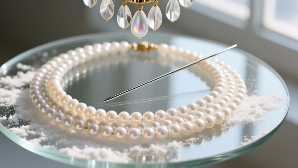 Overhead view of tangled pearl chandelier necklace strands separated with a fine steel needle on a glass surface dusted with talc