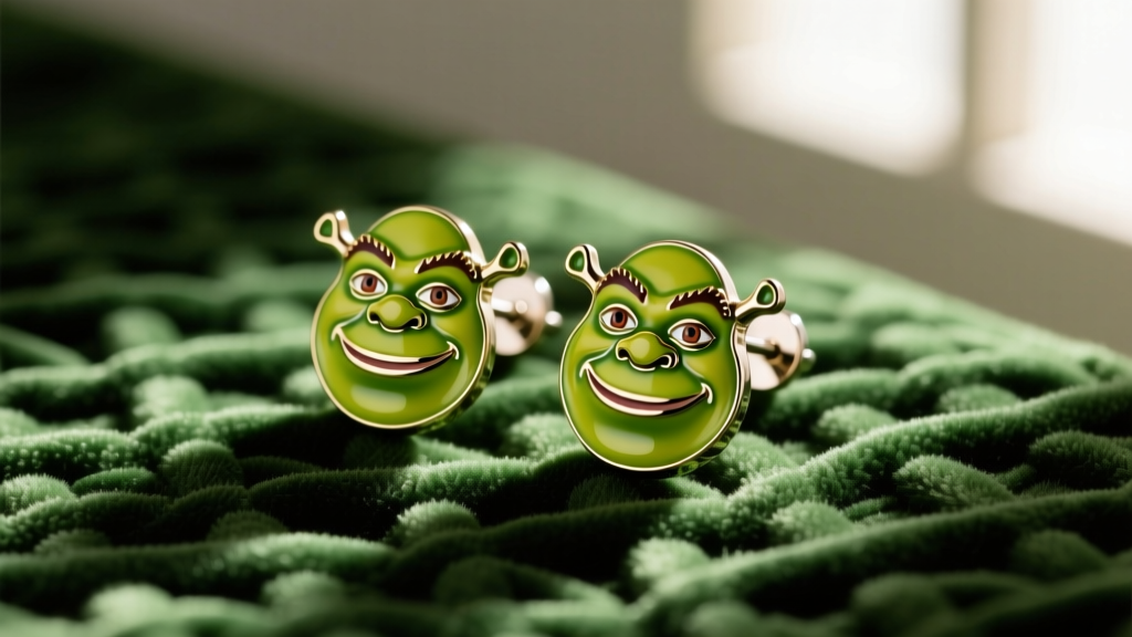 Macro shot of hard-enamel Shrek face stud earrings with steel posts resting on textured green velvet in soft, warm lighting.