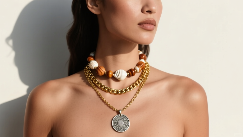 Model wearing a layered stack with a 16-inch puka shell choker, an 18-inch gold figaro chain, and a 20-inch silver coin pendant.