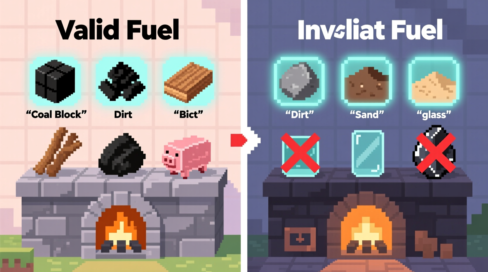 Comparison of valid and invalid furnace fuel sources in Minecraft
