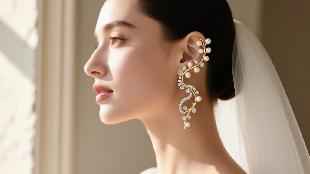 Bride wearing intricate white gold and pearl vine ear cuffs that wrap around the cartilage, photographed from a side profile angle