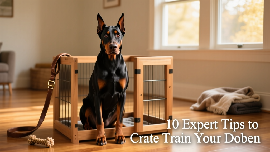 Doberman in the cage with sad eye